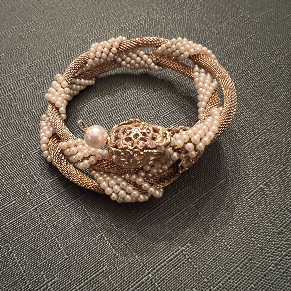 Gold metal mesh and pearl wrap bracelet